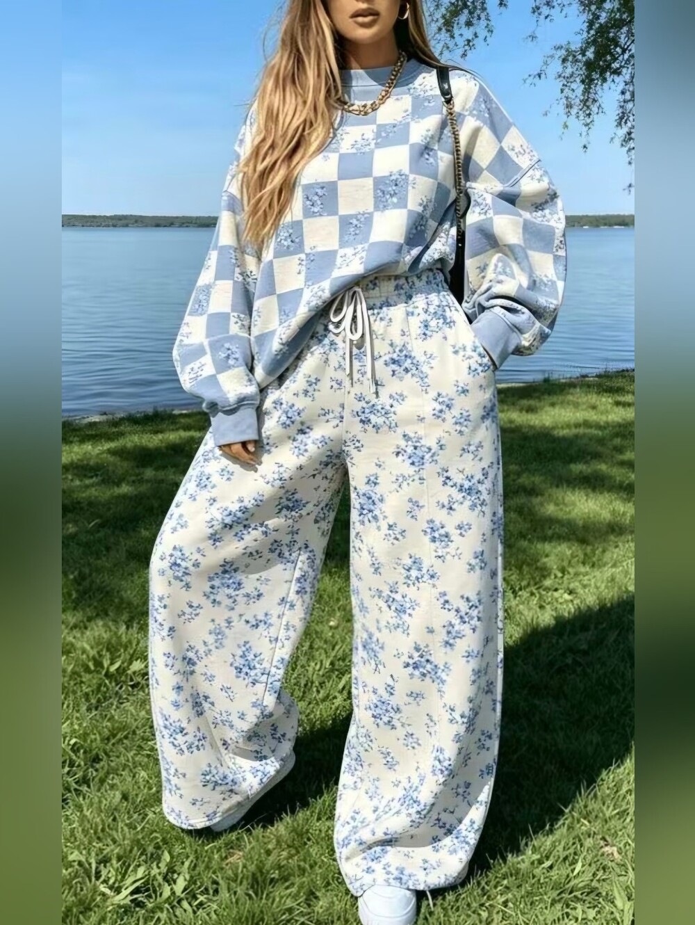 Sweatshirt Set, Oversized Long Sleeve Pullover High Waisted Wide Leg Pants 2pcs